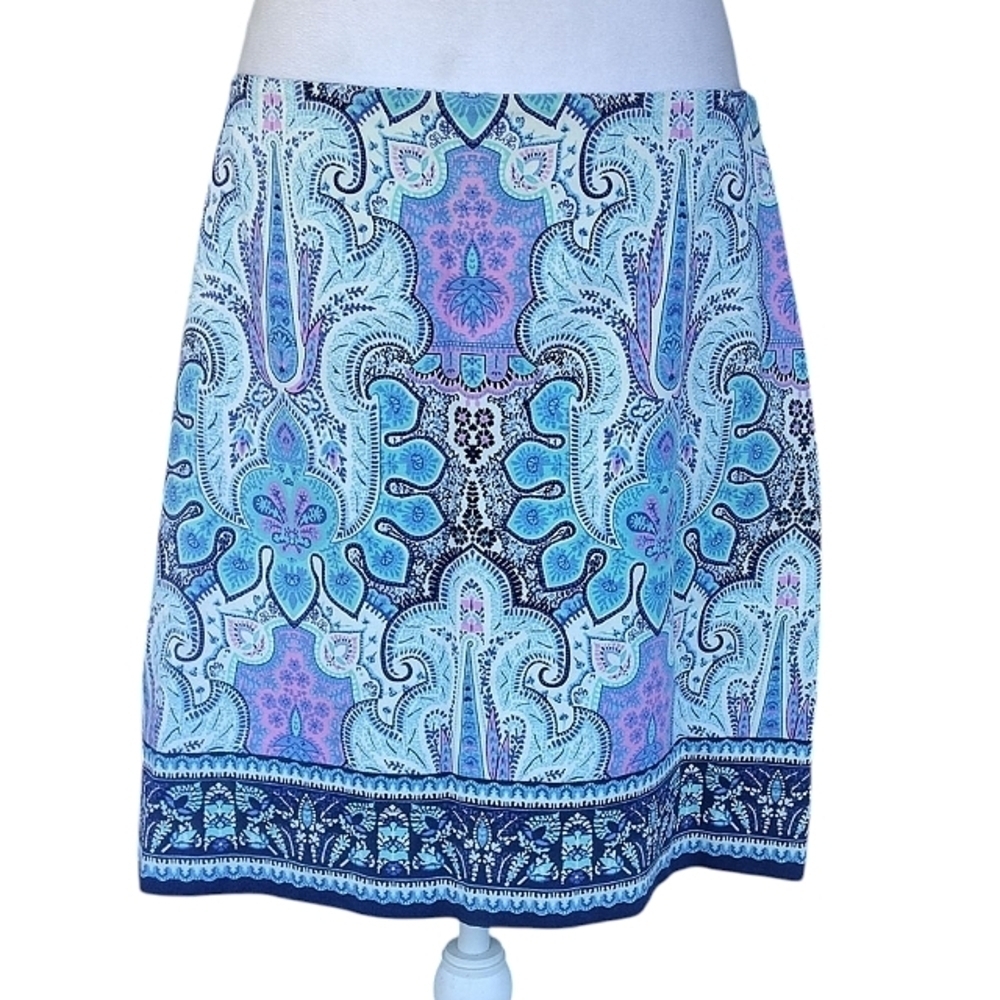Talbots Bright Colorful Pink Blue Mandala Print Cotton Blend Midi Skirt Size 10